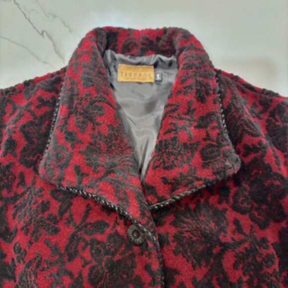 😊Tsunami Canada Black Red Bouclee Pattern Button Up Fleece Vintage Jacket Sz L - Picture 6 of 14